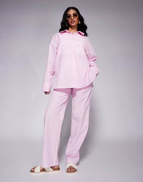 Kaiia - Exclusives - Co-ord set van oversized gestreept poplin overhemd en broek in roze - view 1