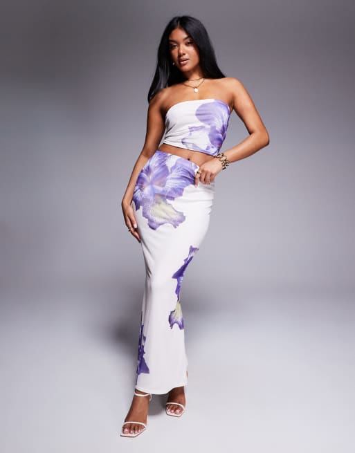 Kaiia - Exclusives - Dubbellaagse maxi rok van gladde stof met rimpeleffect en mesh in ivoorwit en lila met bloemenprint, deel van co-ord set 