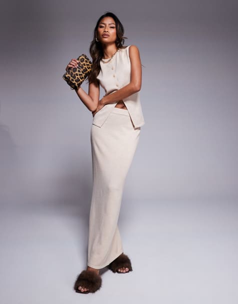 Kaiia - Exclusives - Fijngebreide maxi kokerrok in lichtbeige, deel van co-ord set - view 1