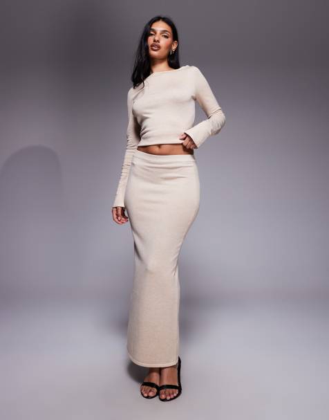 Kaiia - Exclusives - Fijngebreide maxi rok in lichtbeige, deel van co-ord set - view 1