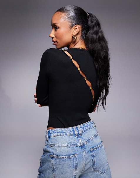 Kaiia - Exclusives - Gebreide bodysuit met asymmetrische knopen op de achterkant en lange mouwen in zwart - view 1