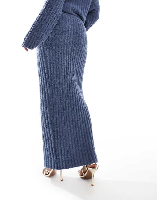 Kaiia - Exclusives - Gebreide bouclé maxi kokerrok in blauw, deel van co-ord set, 5 van 5
