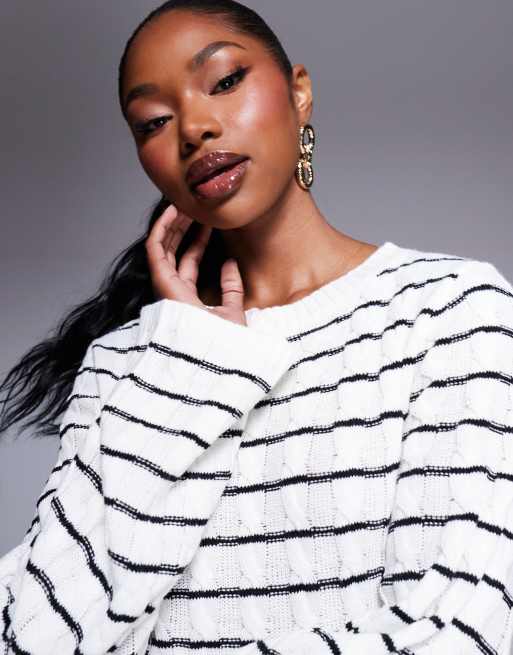 Kaiia - Exclusives - Gebreide gestreepte maxi trui-jurk in zwart en crème , 2 van 4