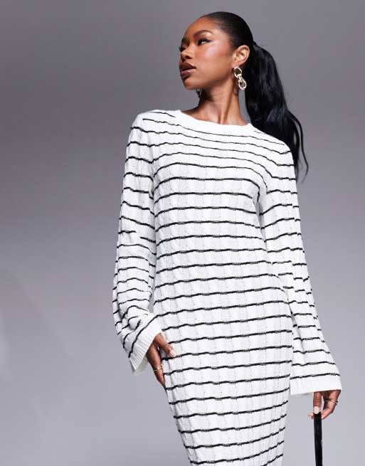 Kaiia - Exclusives - Gebreide gestreepte maxi trui-jurk in zwart en crème , 4 van 4
