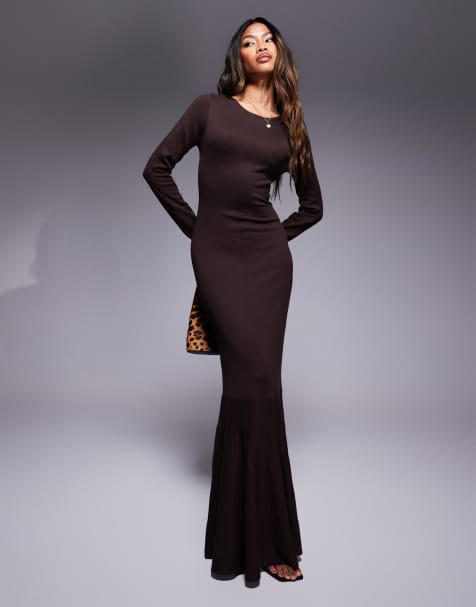 Kaiia - Exclusives - Gebreide maxi jurk met uitlopend model en lange mouwen in chocoladebruin - view 1