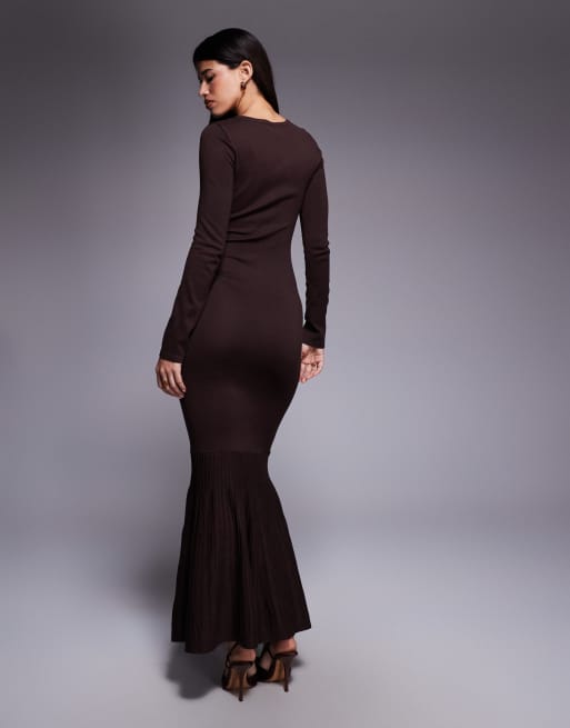 Kaiia - Exclusives - Gebreide maxi jurk met uitlopend model en lange mouwen in chocoladebruin, 4 van 4