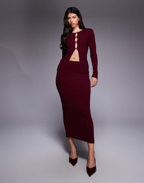 Kaiia - Exclusives - Gebreide maxirok in donke bordeauxrood, deel van co-ord set - view 1