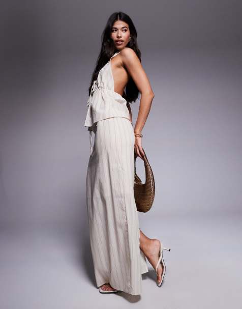 Kaiia - Exclusives - Gestreepte katoenen maxi rok met linnenlook en gestrikte taille in crème, deel van co-ord set - view 1
