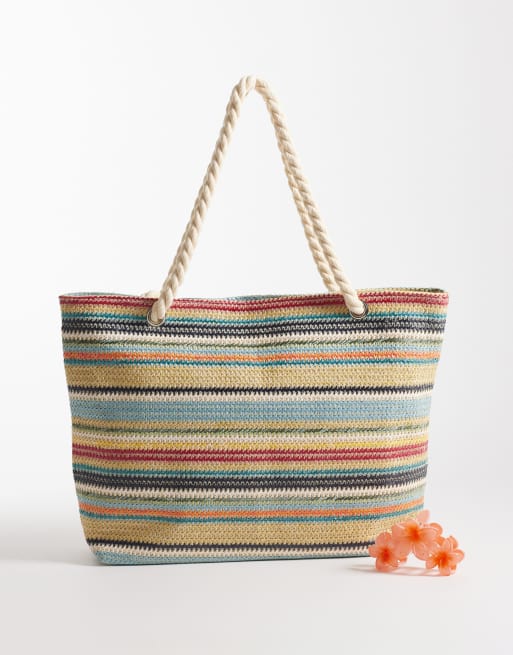 Kaiia - Exclusives - Gestreepte strandtas van geweven stro met touwhengsel in multi, 2 van 4