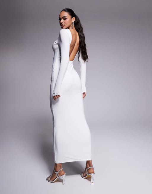 Kaiia - Exclusives - Gladde maxi jurk met lage rug en lange mouwen in wit 