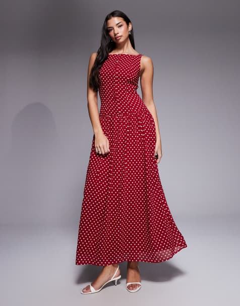 Kaiia - Exclusives - Hoogsluitende maxi jurk met vierkante hals, knoopsluiting, verlaagde taille en stippen in rood en wit - view 1