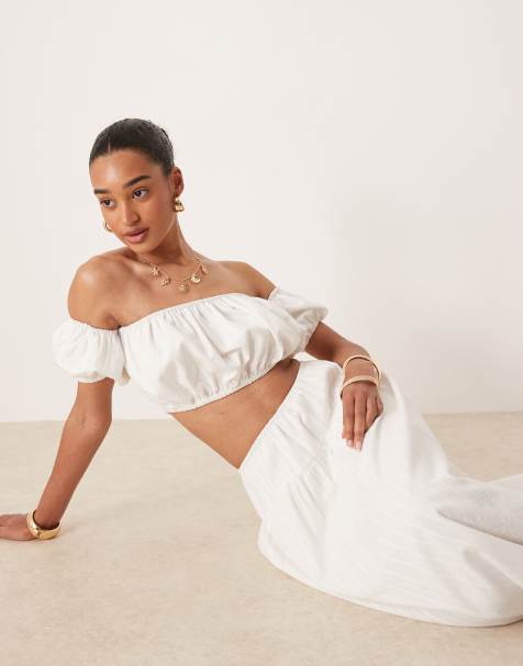 Kaiia - Exclusives - Katoenen cropped bardottop met aangerimpeld bol detail in wit, deel van co-ord set - view 1