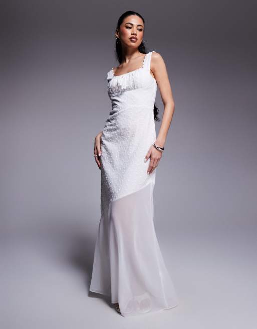 Kaiia - Exclusives - Katoenen maxi jurk met broderie, strikdetail aan de buste en asymmetrische, doorschijnende zoom in wit 