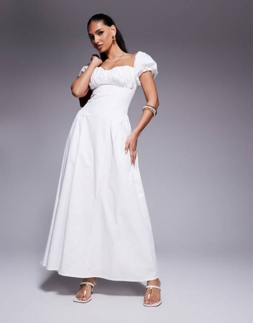 Kaiia - Exclusives - Katoenen maxi melkmeisjesjurk met pofmouwen en plooien aan de heup in crème