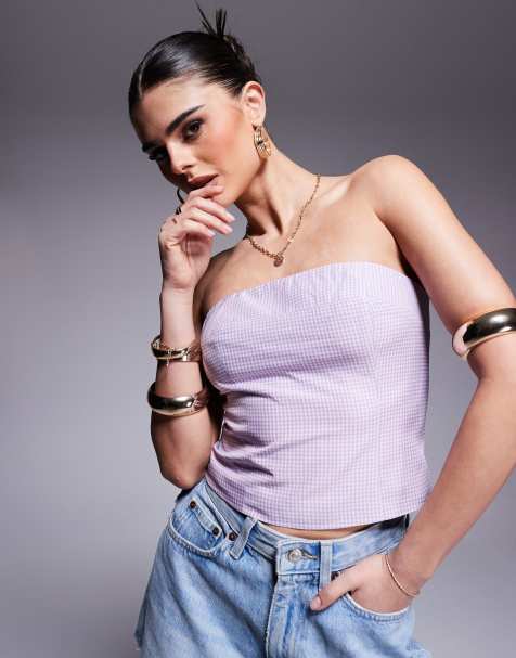 Kaiia - Exclusives - Katoenrijke cropped bandeau-top in lila en roze gingham ruit - view 1