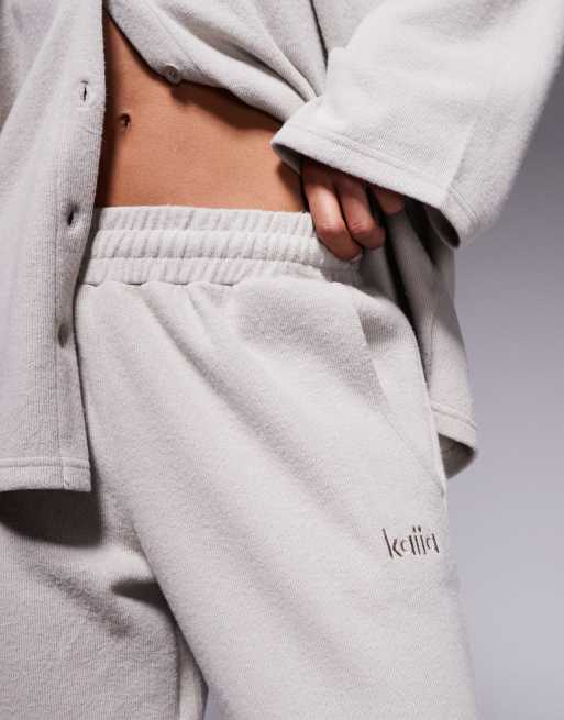 Kaiia - Exclusives - Katoenrijke geribbelde rechte joggingbroek in stone, deel van co-ord set  , 3 van 5