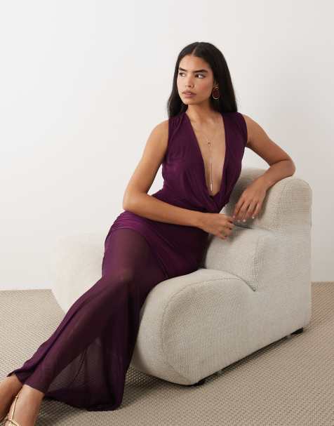 Kaiia - Exclusives - Maxi jurk van gladde dubbellaagse doorschijnende stof met zeer lage hals in pruimpaars - view 1