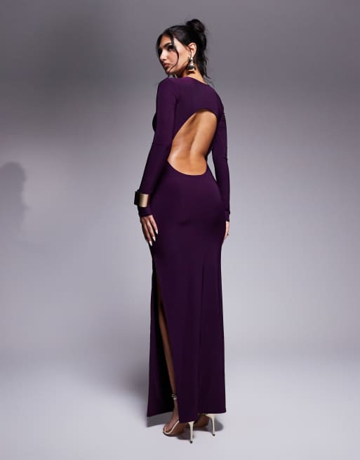 Kaiia - Exclusives - Maxi-jurk van gladde stof met lange mouwen, open achterkant en zijsplit in paars