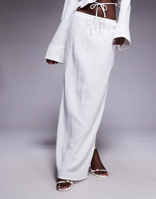 Kaiia - Exclusives - Maxi rok van katoen met textuur en trekkoord in wit, deel van co-ord set , 4 van 5