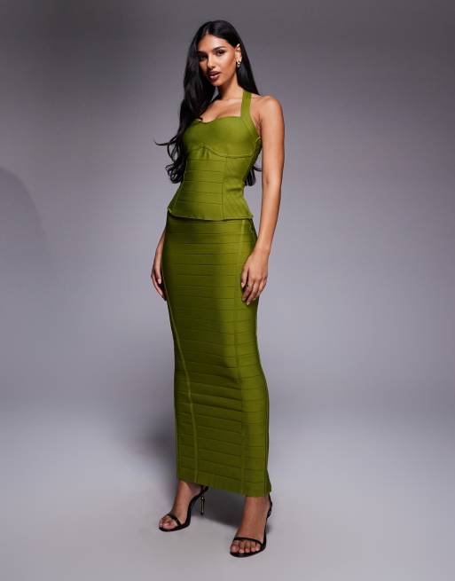 Kaiia - Exclusive - Premium co-ord set met voorgevende bandage-top met hartvormige halternek en bodycon maxi-rok in olijfgroen, 3 van 3
