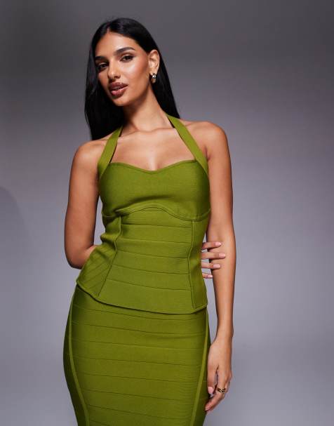 Kaiia - Exclusives - Premium - Vormgevende bandage top met halternek en hartvormige halslijn in olijfgroen, deel van co-ord set - view 1