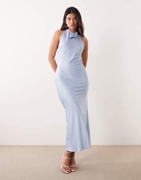 Kaiia - Exclusives - Satijnen maxi jurk met hoge gedrapeerde halslijn en kanten achterkant in babyblauw - view 1