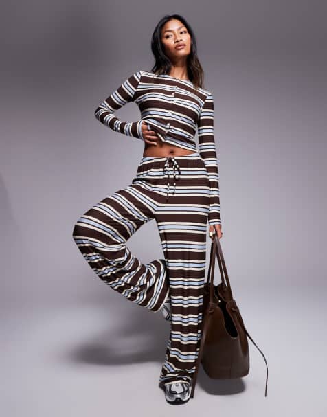 Kaiia - Exclusives - Superzachte gestreepte broek van jersey met trekkoord in bruin en blauw, deel van co-ord set - view 1