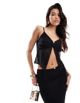 Kaiia - Exclusives - Top van mesh met split aan de voorkant en roosje in zwart, deel van co-ord set  