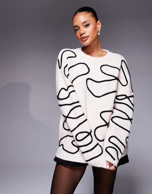 Kaiia - Exclusives - Trui met ronde hals en abstract stiksel in crème, 2 van 4