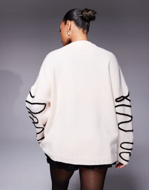 Kaiia - Exclusives - Trui met ronde hals en abstract stiksel in crème, 4 van 4
