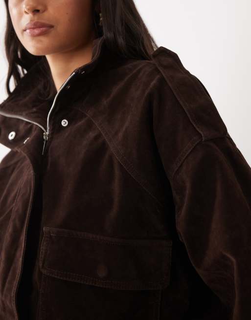 Kaiia exclusivité bomber en daim à poches cargo couleur chocolat, 4 de 4