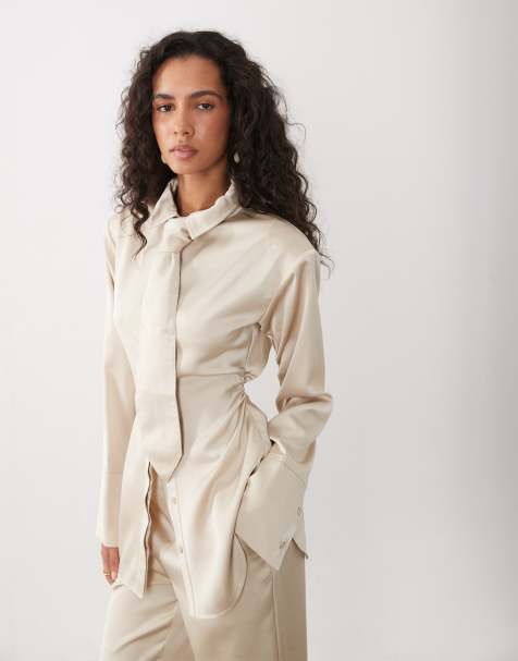 Kaiia exclusivité chemise coordonnée en satin avec détail noué au dos couleur oyster - view 1