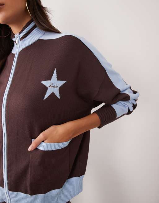 Kaiia exclusivité ensemble 2 pièces sweat zippé à col montant en marron foncé et bleu, 3 de 4