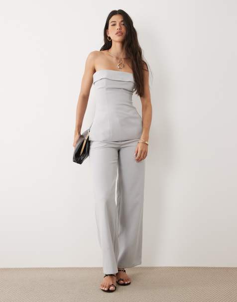 Kaiia - Exclusivité - Ensemble avec top ajusté fendu sur le côté à revers à la taille et pantalon - Gris clair - view 1