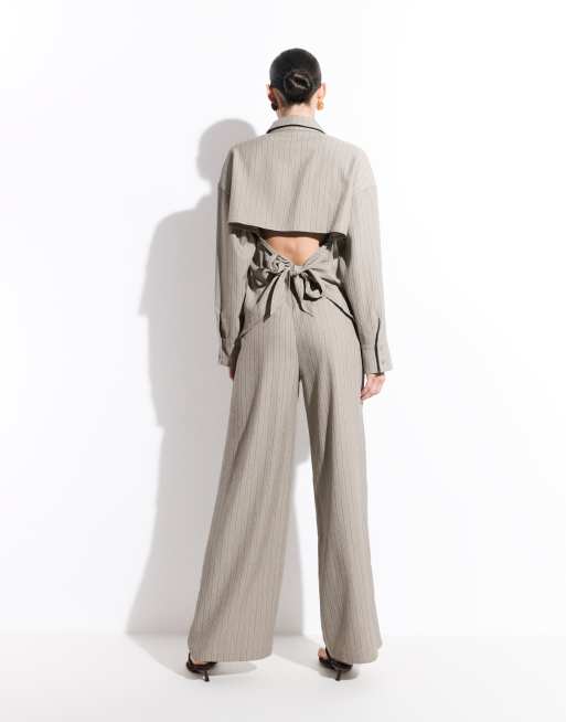 Kaiia exclusivité pantalon droit à plis sur le devant ensemble coordonné à rayures marron clair, 5 de 9