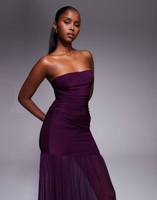 Kaiia - Exclusivité - Robe bandeau longue près du corps de qualité supérieure en tulle transparent doux - Prune, 3 de 4