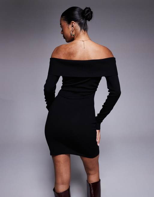 Kaiia - Exclusivité - Robe courte en maille côtelée avec fente et encolure bardot - Noir, 3 de 4