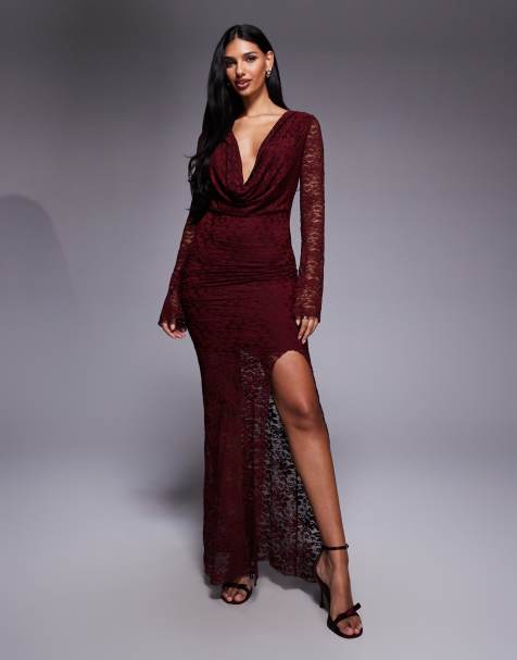 Kaiia - Exclusivité - Robe longue à manches évasées et col bénitier en dentelle - Bordeaux - view 1