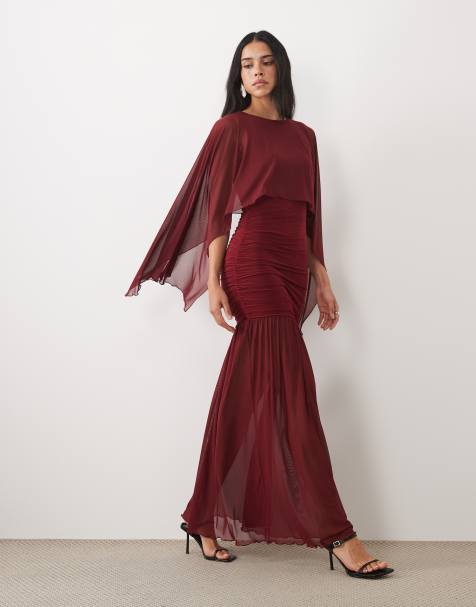 Kaiia exclusivité robe longue en tulle fluide à superposition cape, taille basse, ourlet transparent, bordeaux - view 1