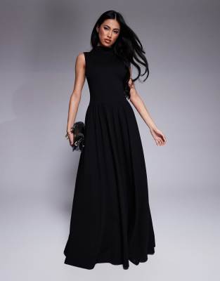 Kaiia - Exclusivité - Robe longue sans manches à col montant et jupe froncée - Noir