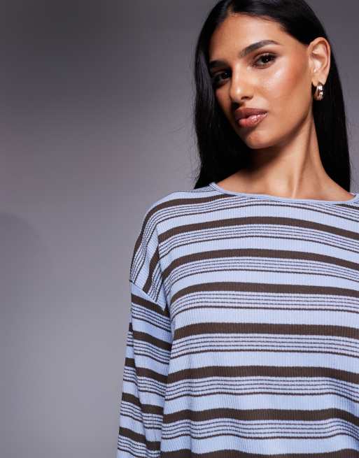 Kaiia - Exclusivité - T-shirt d'ensemble oversize en maille côtelée à manches longues et rayures - Bleu et chocolat, 3 de 4