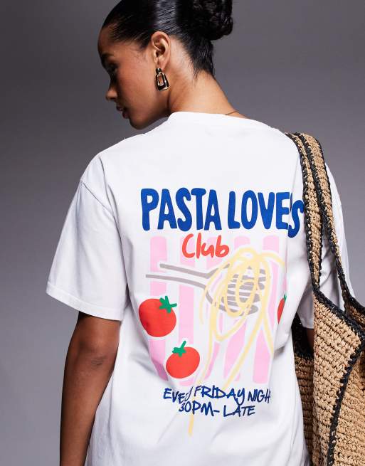 Kaiia - Exclusivité - T-shirt oversize en coton avec imprimé Pasta Lovers Club au dos - Blanc, 4 de 4
