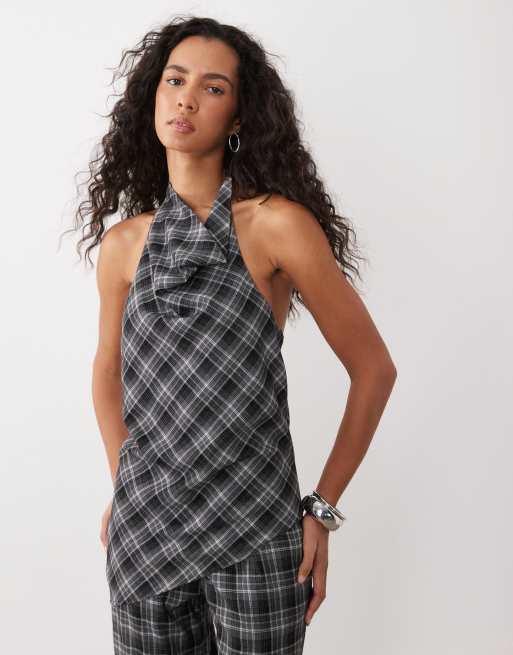 Exclusivité - Kaiia - Ensemble à carreaux avec top dos nu à col bénitier et ourlet asymétrique et pantalon - Gris, 2 de 3