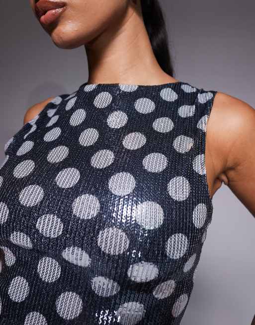 Kaiia - Exclusivité - Top d'ensemble sans manches orné de sequins avec encolure bateau - Noir et blanc à pois, 4 de 4