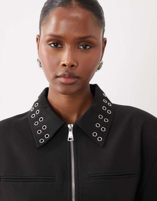 Kaiia exclusivité veste cintrée à taille marquée avec col à œillets et épaulettes noire, 2 de 4
