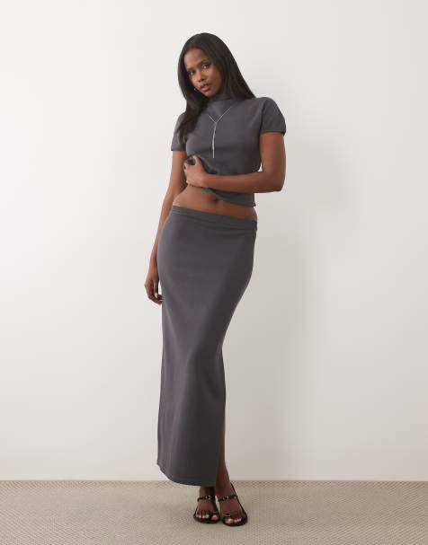 Kaiia exclusivo conjunto de falda maxi de punto fino con abertura lateral de los 90 en gris carbón - view 1