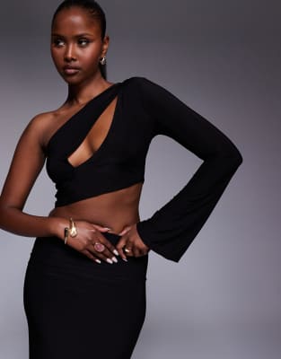 Kaiia Exklusiv - Anschmiegsames, doppellagiges Cropped-Oberteil in Schwarz mit One-Shoulder-Design und Zierausschnitt, K...