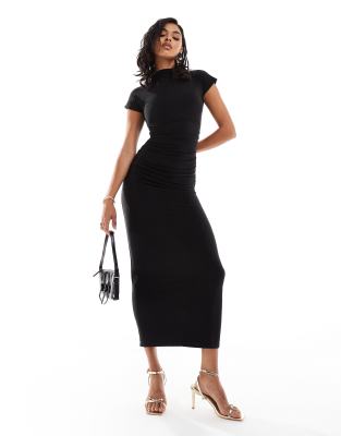 Kaiia - Exklusiv - Anschmiegsames, doppellagiges, hochgeschlossenes Bodycon-Maxikleid in Schwarz mit Flügelärmeln