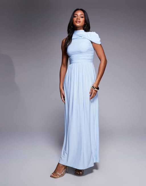 Kaiia – Exklusiv – Anschmiegsames Maxikleid in Staubblau mit asymmetrischer Drapierung 