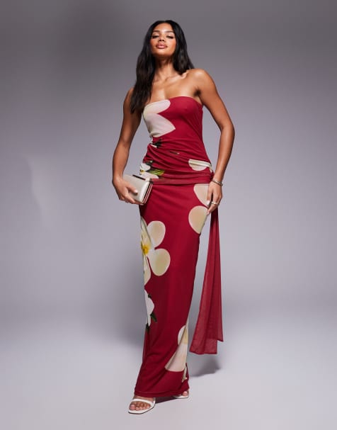 Kaiia – Exklusiv – Anschmiegsames, trägerloses Maxikleid in Rot mit Drapierung, seitlichem Bindedetail und Blumenmuster - view 1
